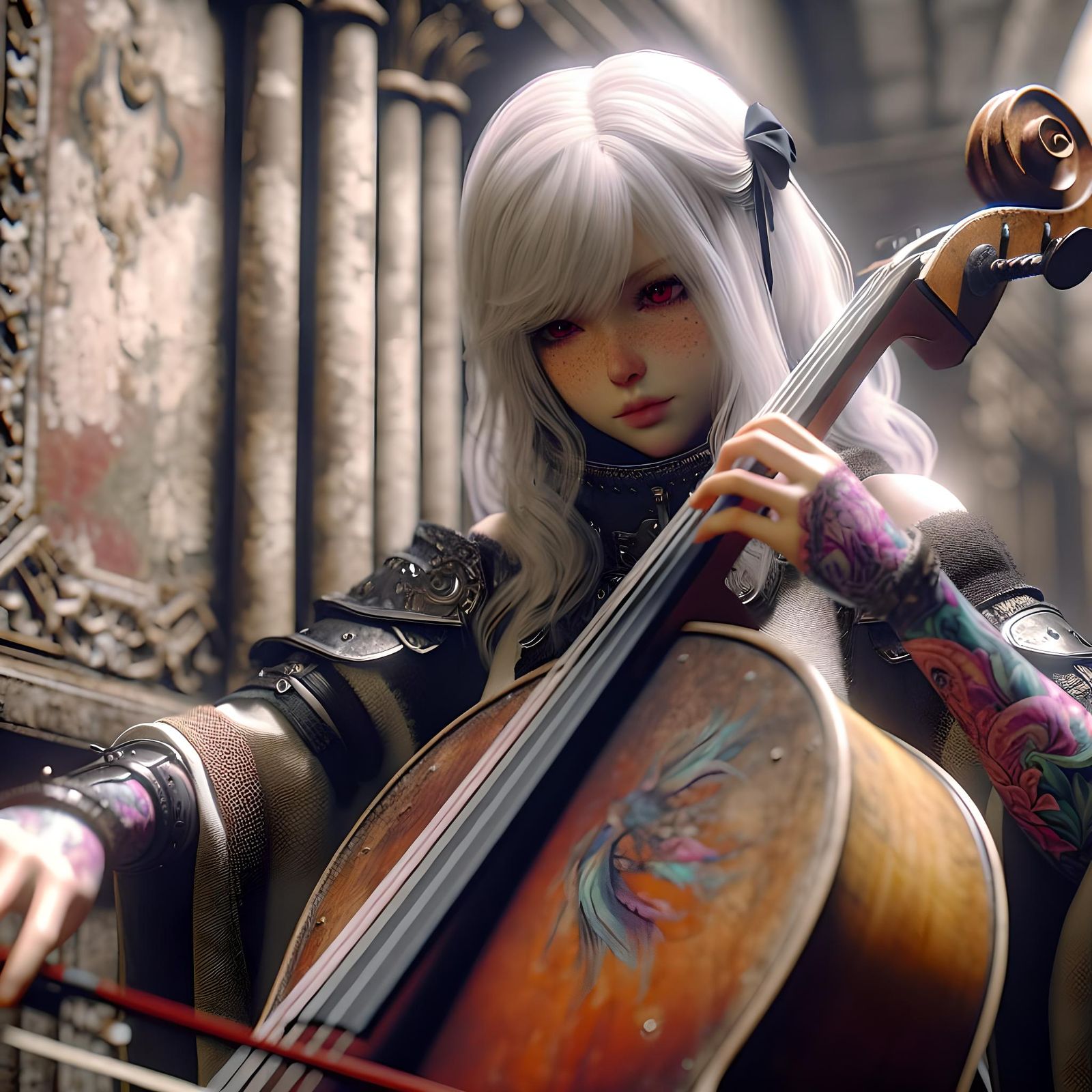 Anime Cellist with Red Eyes in Fantasy Armor