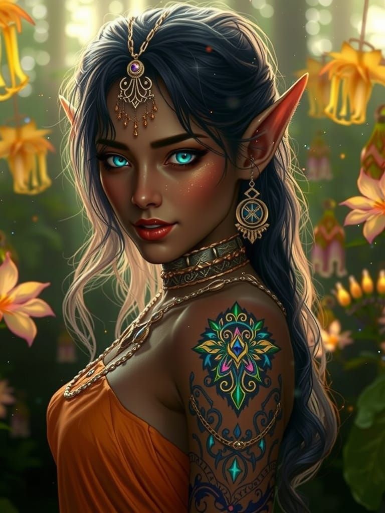 Enchanted Elf Woman in Twilight Forest: Fantasy Art