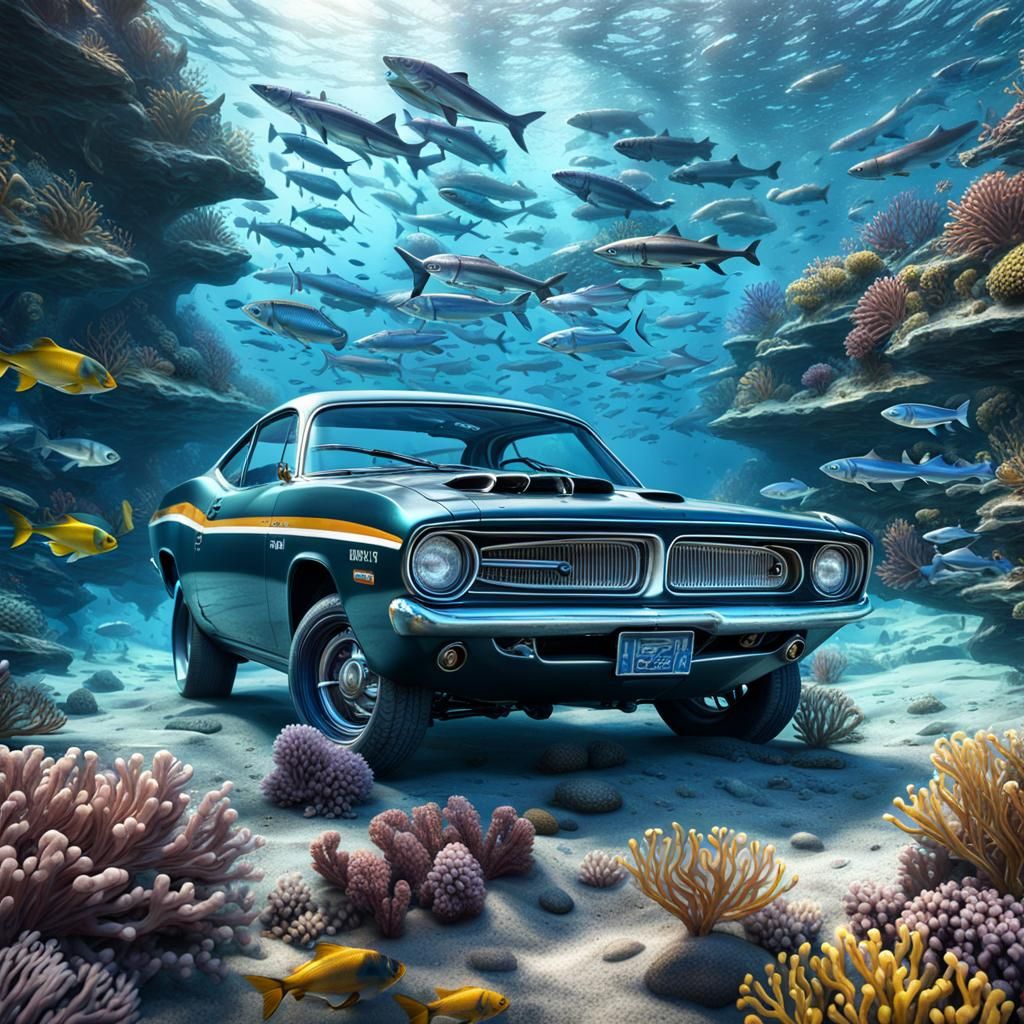 Plymouth Barracuda and Barracuda Fish in Underwater Canyon