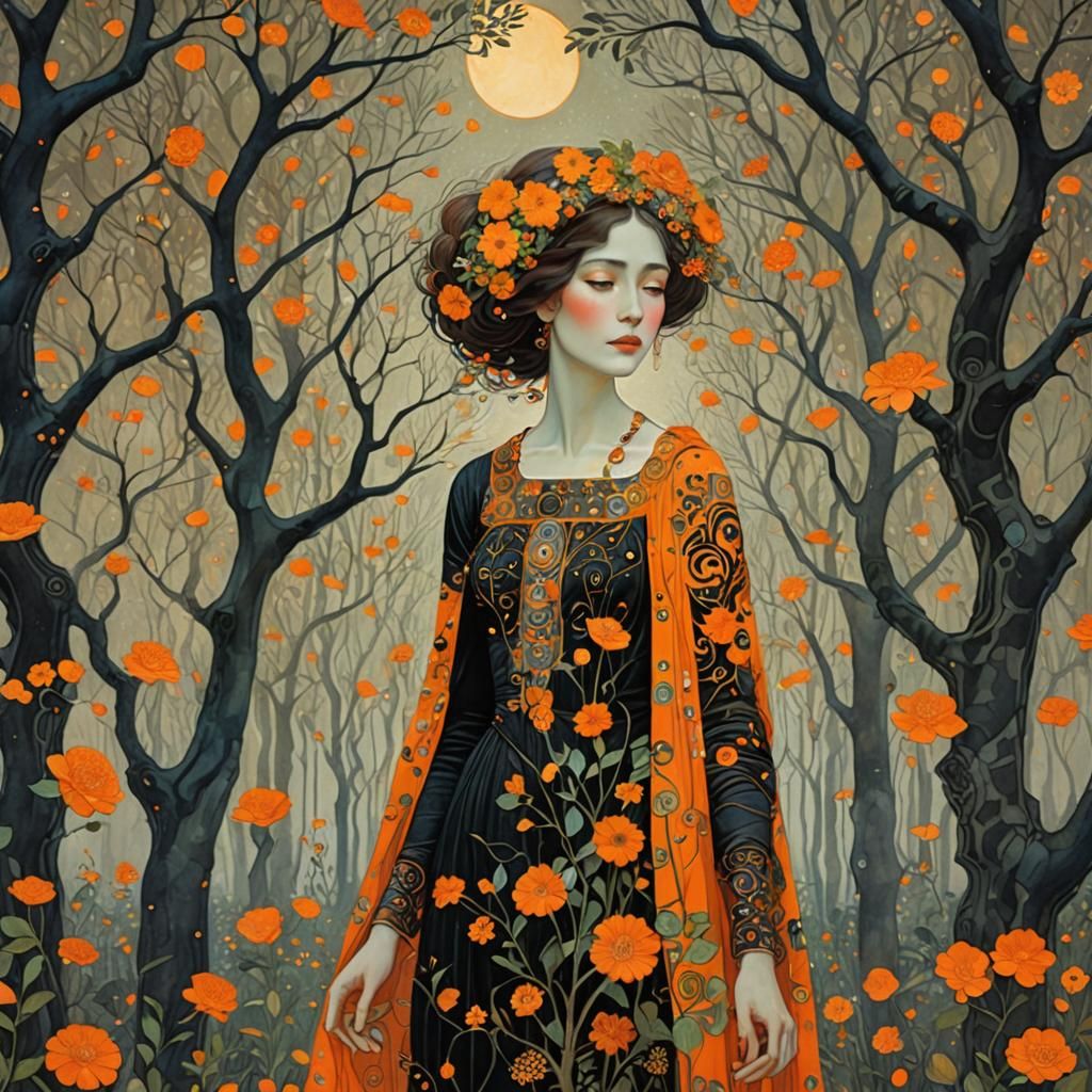 Woman with Flowers: Klimt-Inspired Dark Fantasy