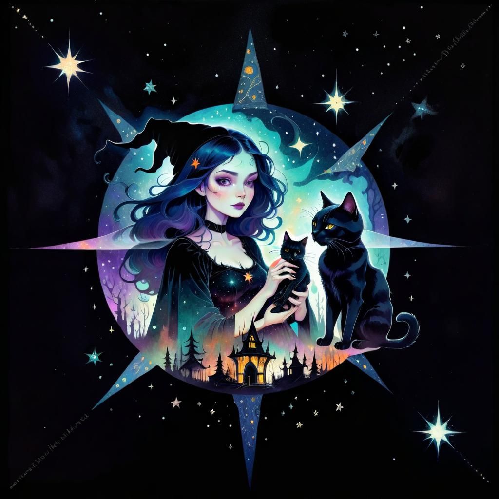 Surreal Witch and Cat Double Exposure Collage