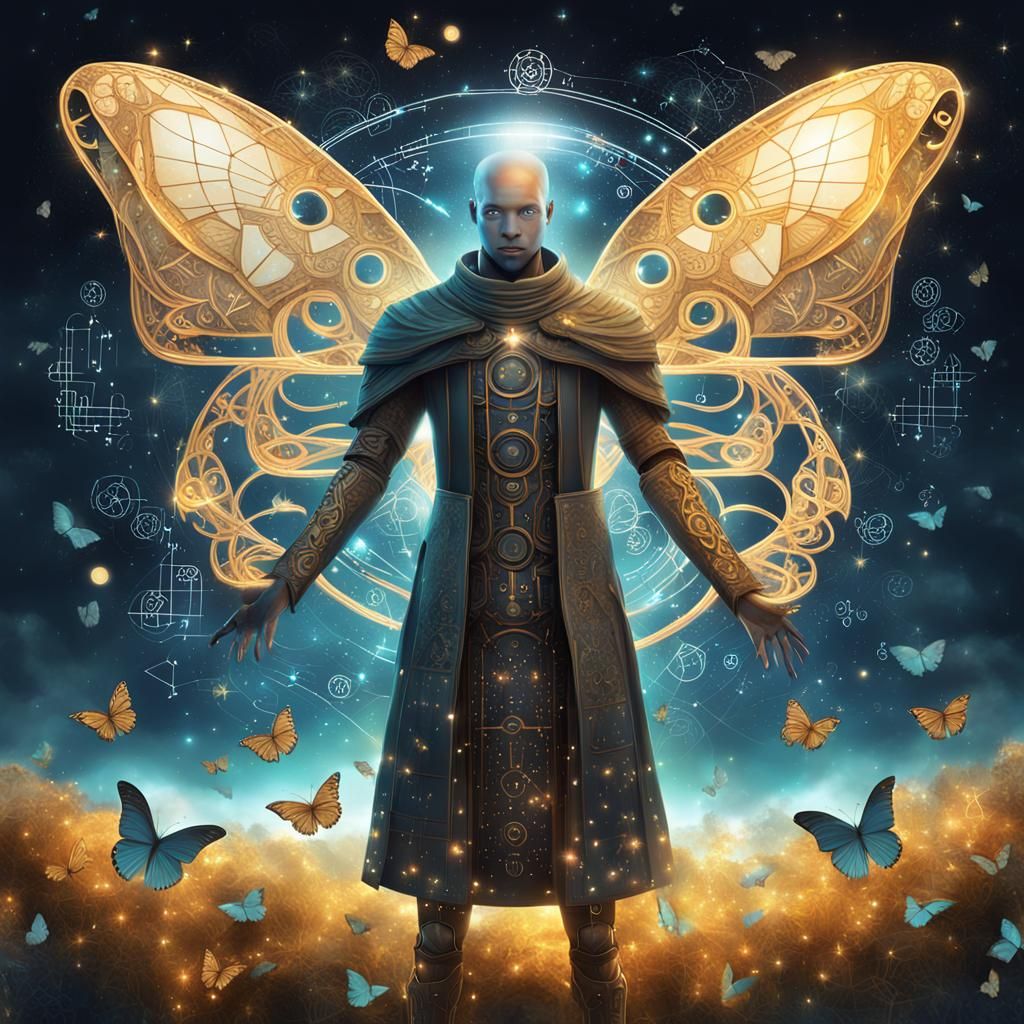 Ethereal Android Surrounded by Symbols in Cosmic Scene