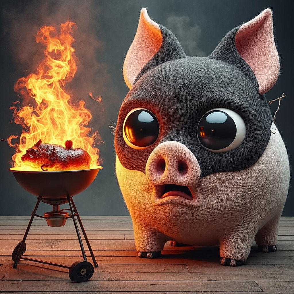 Frightened Batman Pig Next to Burning Grill in 8K