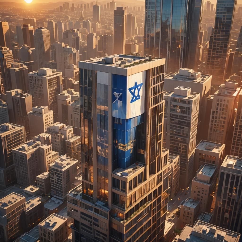 Israeli Flag on Modern Building, 3D Video Game Graphics