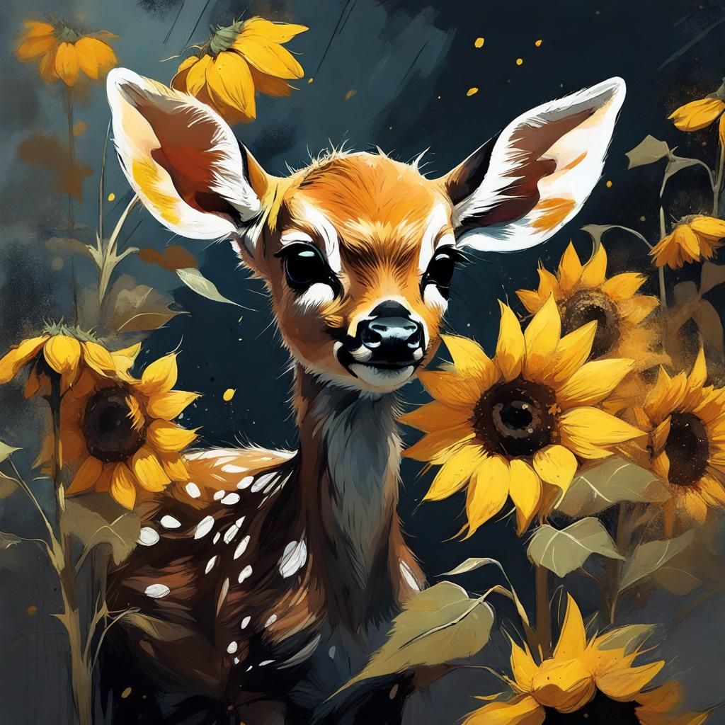 Fawn in the Sunflowers