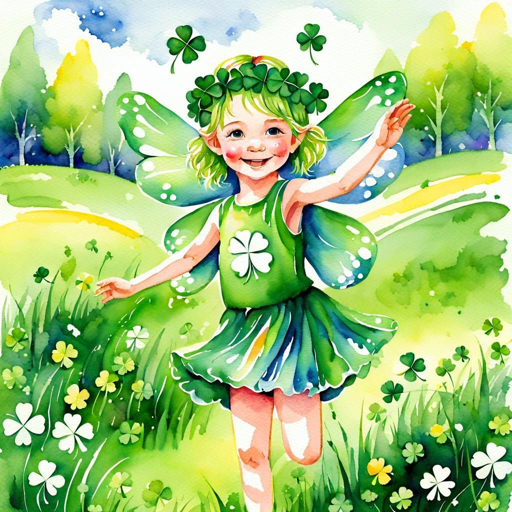 Happy Fairy Child in Clover Field, Watercolor Illustration