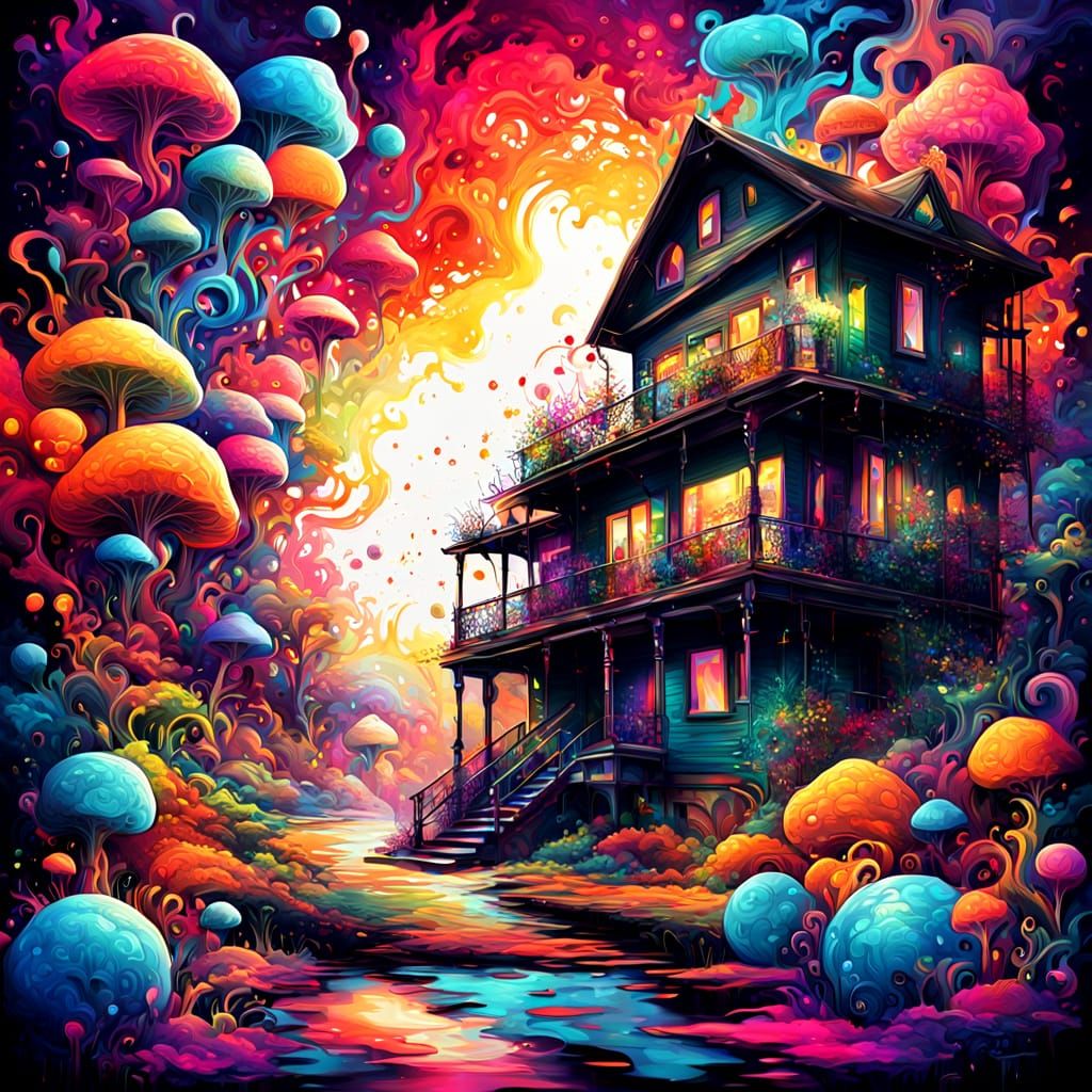 Vibrant Psychedelic House with Intricate Fractal Patterns