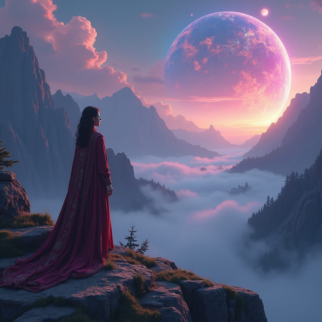 Woman Observes Planets in Fantasy Landscape