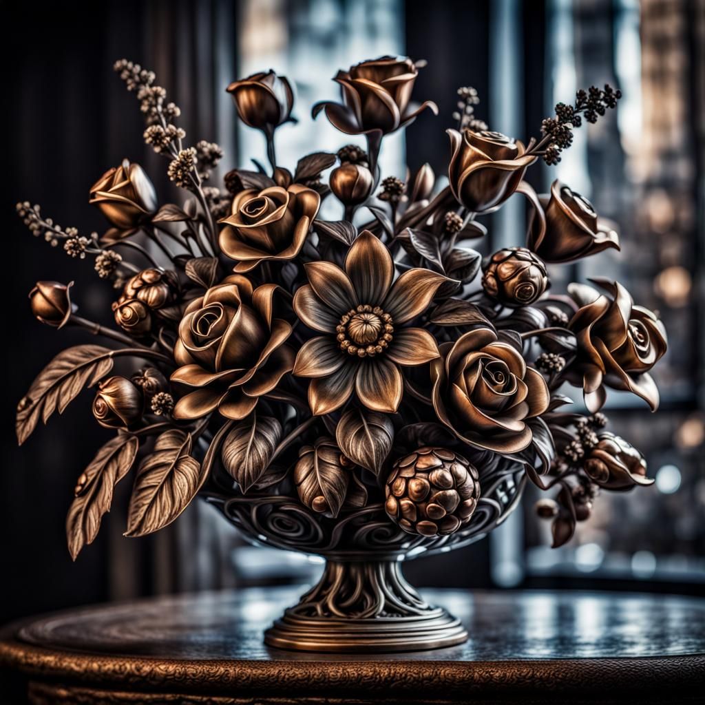 Iron and Bronze Flower Bouquet, Hyperrealistic HDR