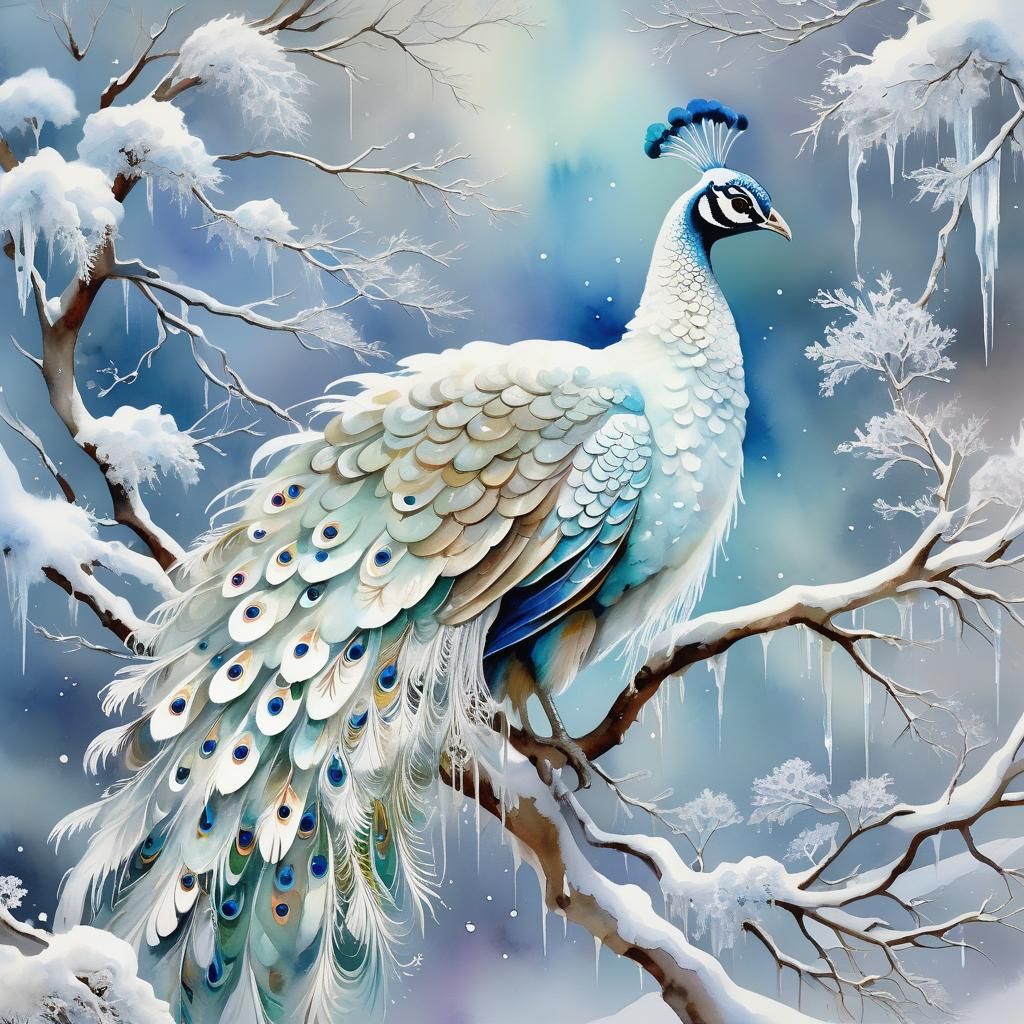 Icy White Peacock in Dreamy Gouache Style
