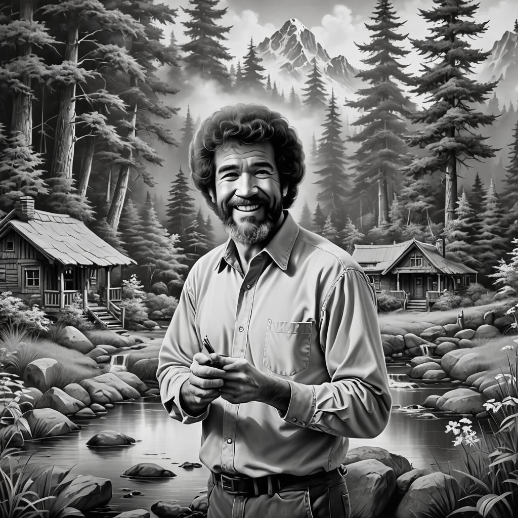 Serenity in Monochrome: Bob Ross Adult Coloring Book for a C...