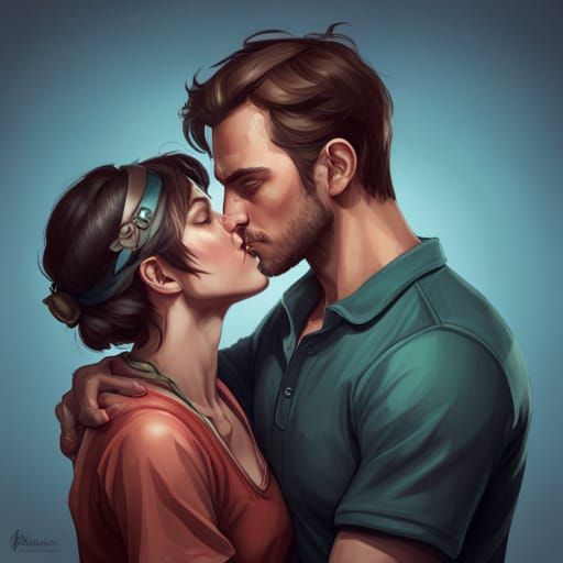 Intricate Portrait of Woman Kissed by Men in Anime Style