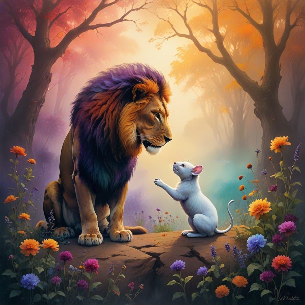 Lion and Mouse in Vibrant Misty Landscape