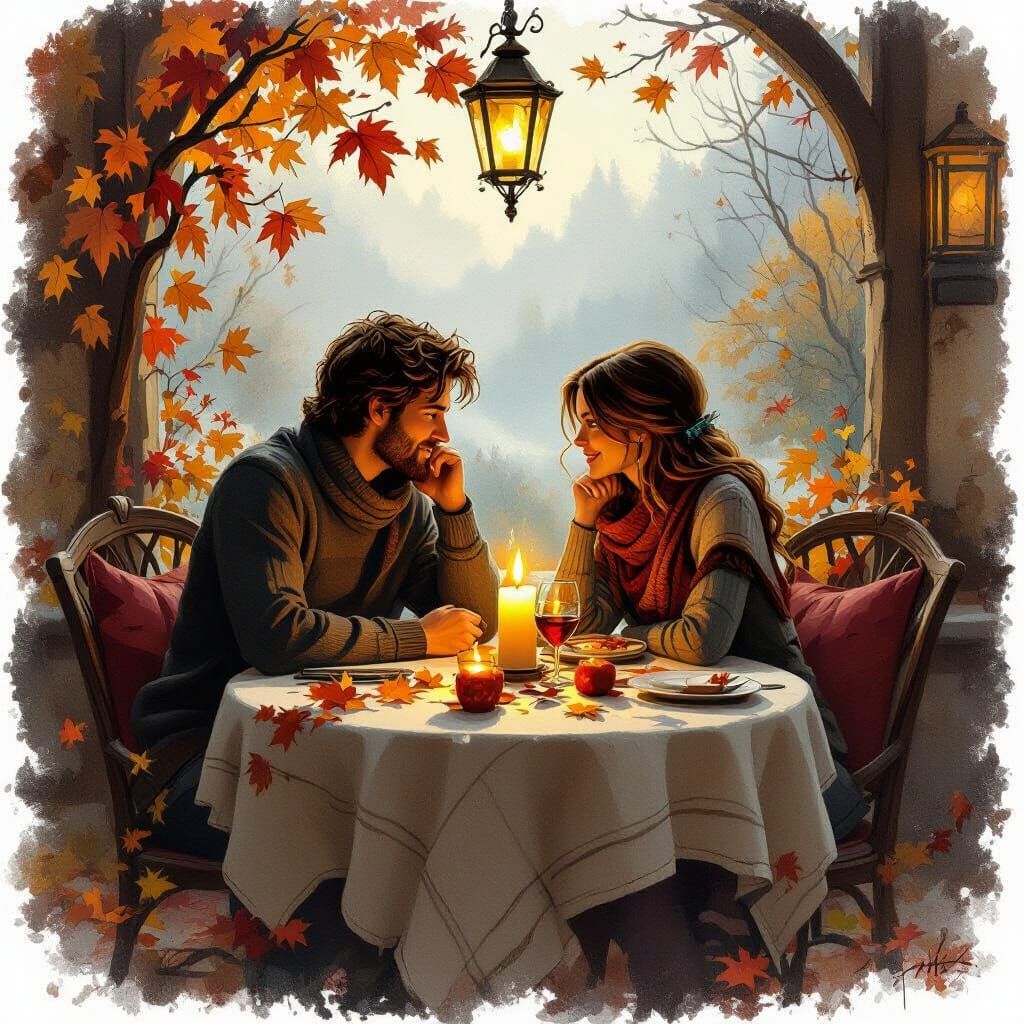 Romantic Autumn Date Night in a Classic Art Style