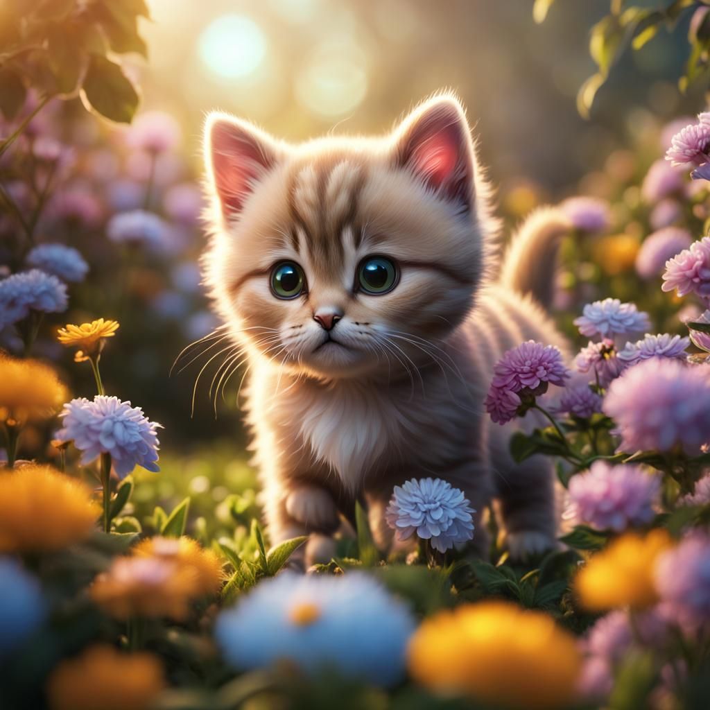cute munchkin kitten in a flower garden, kawaii, hyperreal, 8k golden hour soft focus
