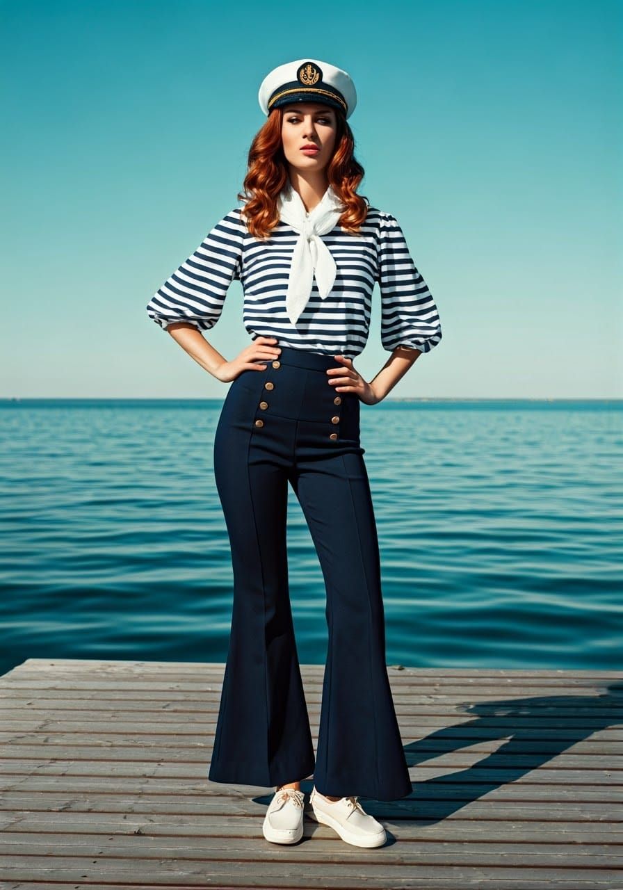 Nautical woman:
Outfit: Sailor-themed with navy and white striped shirts, flare pants, and neckerchiefs.
Accessories: Sa...