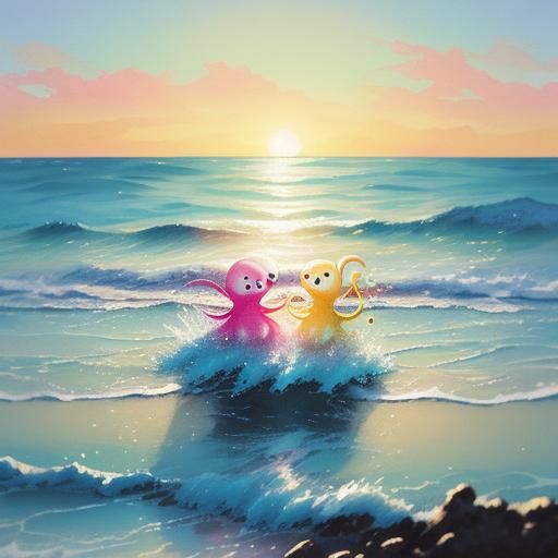 Two Baby Squid on a Beach in Splash Art Style