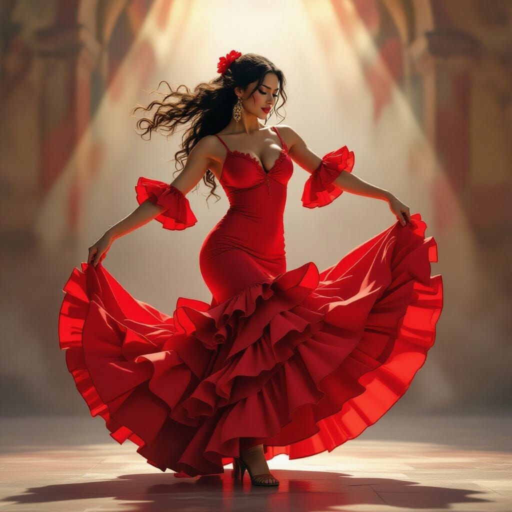 Spanish Flamenco Dancer with Castanets in Scarlet Dress