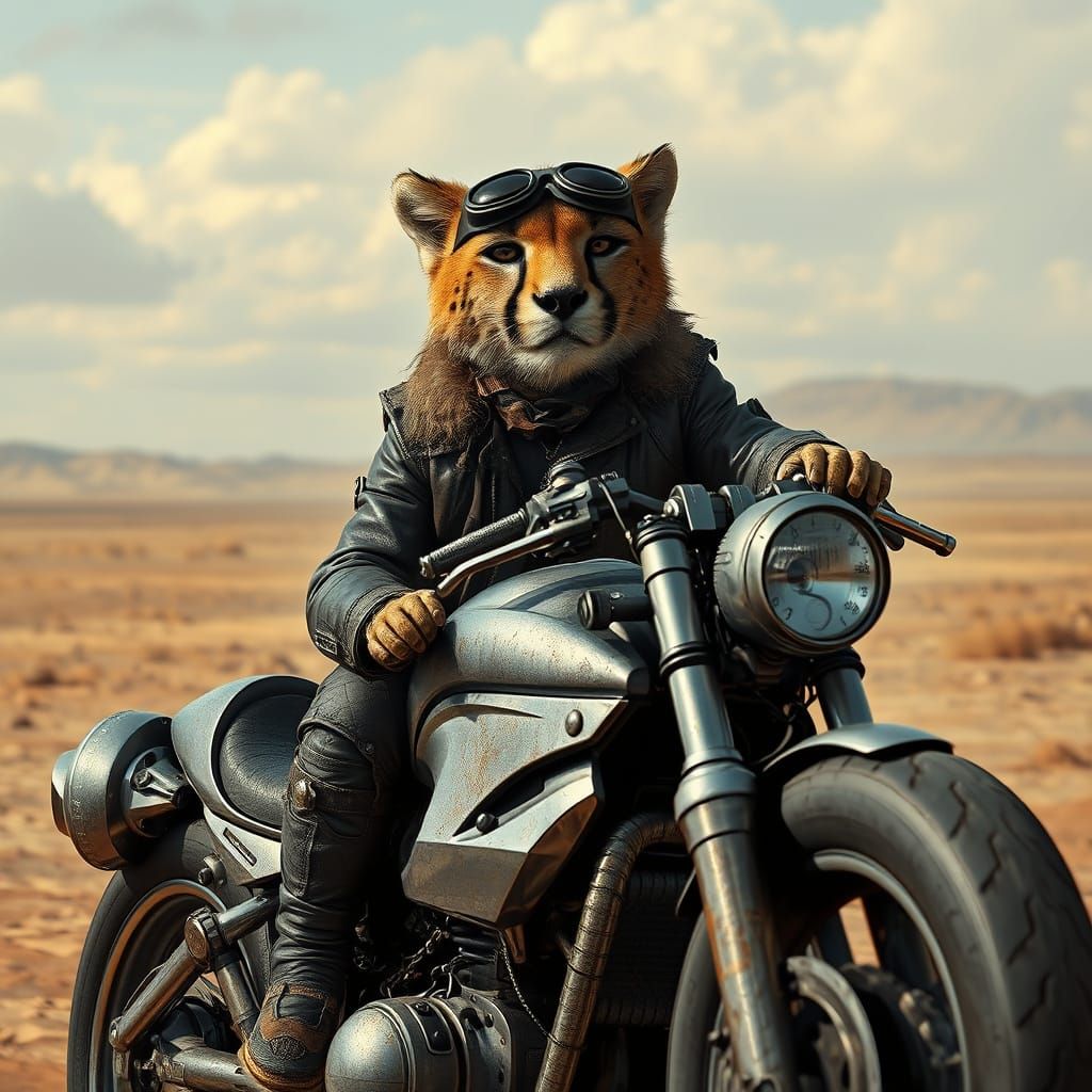 Cheetah Rides Motorcycle in Post-Apocalyptic Landscape