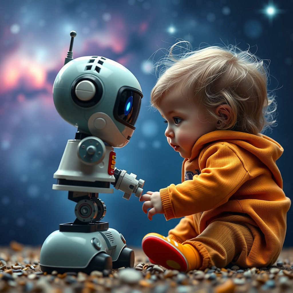 Cute Robot Meets Toddler in Outer Space