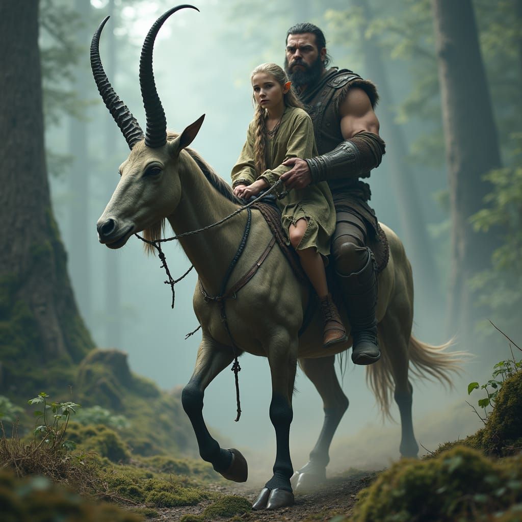 Fantasy Elf Rides Mythical Beast through Enchanted Forest in...