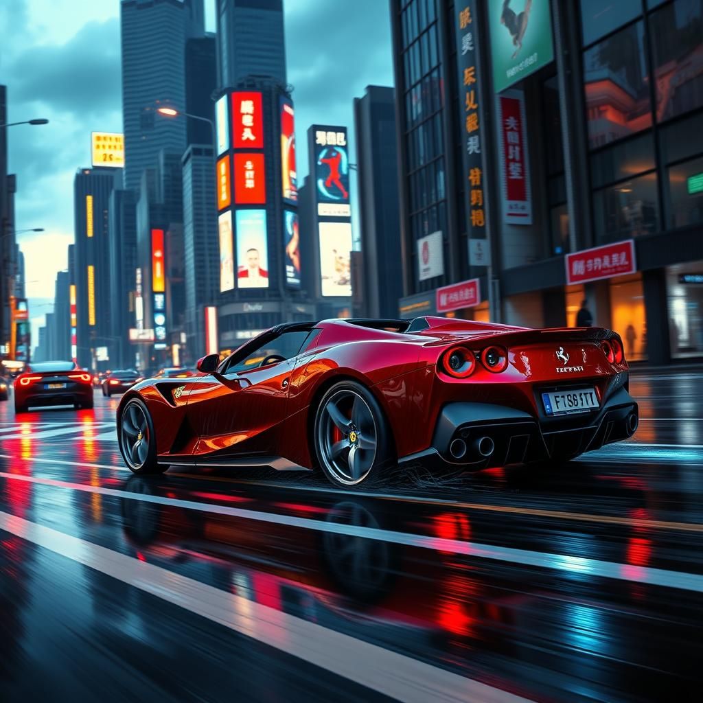 Cyberpunk Ferrari Gran Turismo in Neon Cityscape