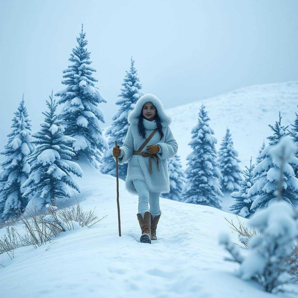 A young Eskimo woman walks on the frozen snowy hill.