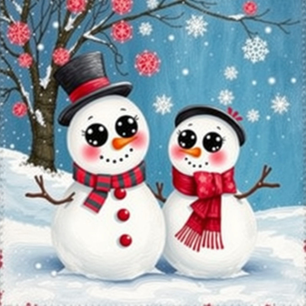 Festive Snowmen in Whimsical Folk Art Style