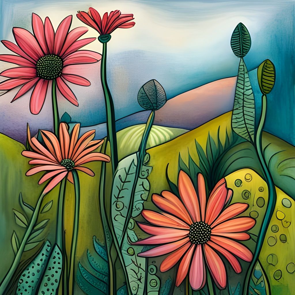 Art Brut Botanical Illustration of Summer Flowers