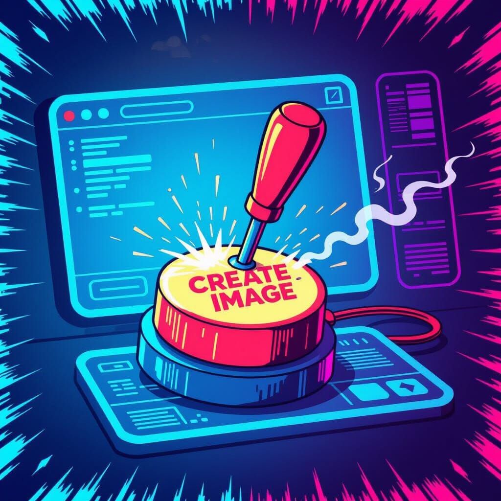 Cartoon Button Jammed, Emitting Sparks in Glitch Art Style