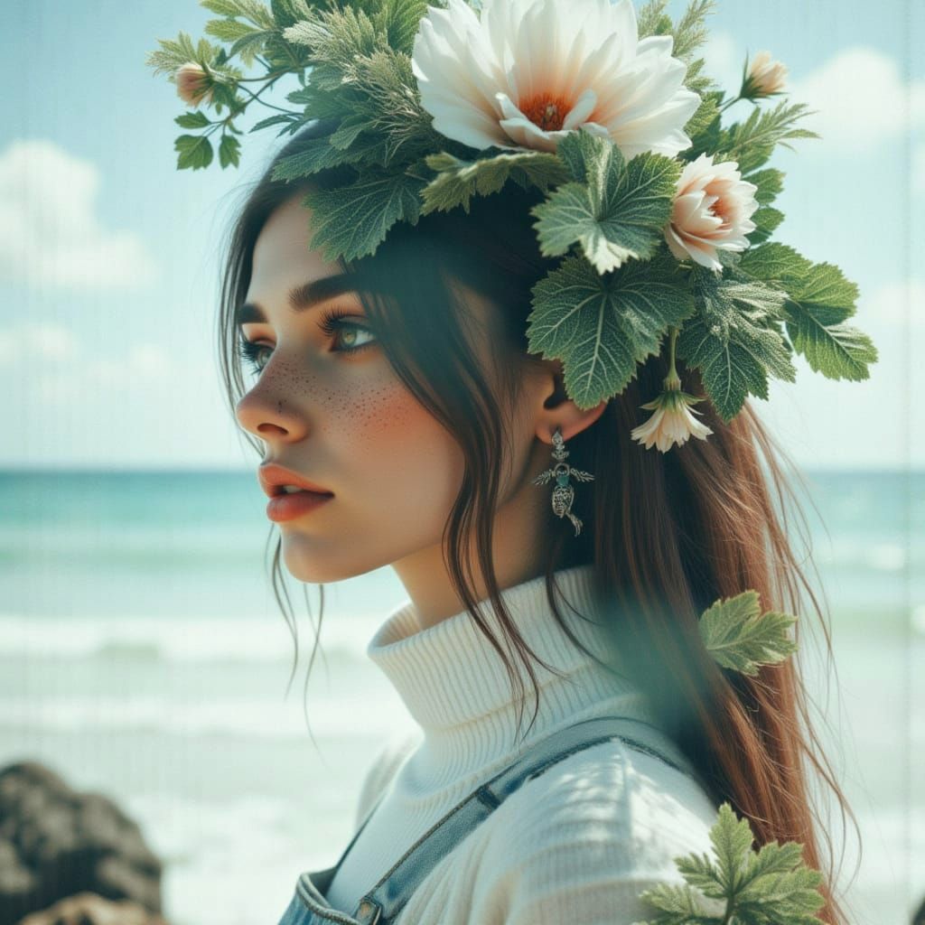 Woman Merged with Tropical Paradise Double Exposure