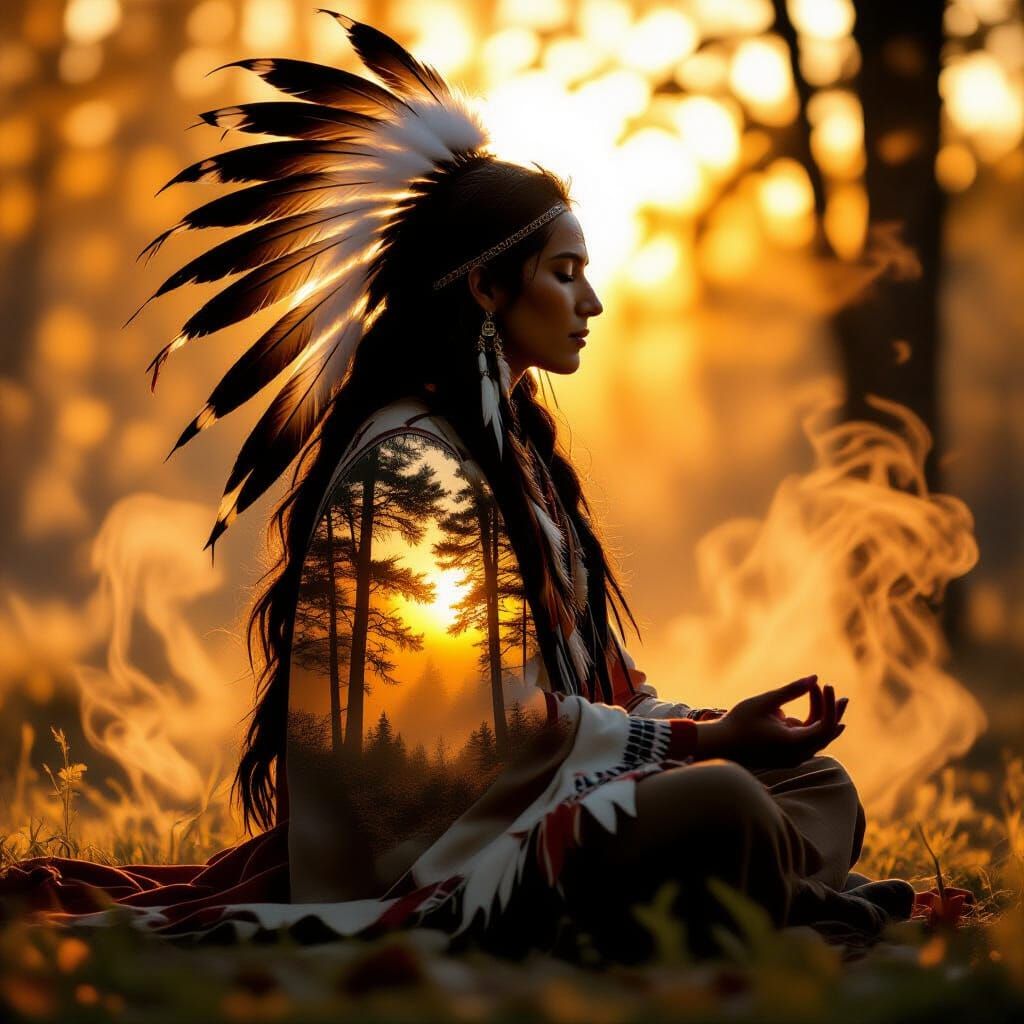 Native Spirit Guide Meditation in Autumn Forest Double Expos...