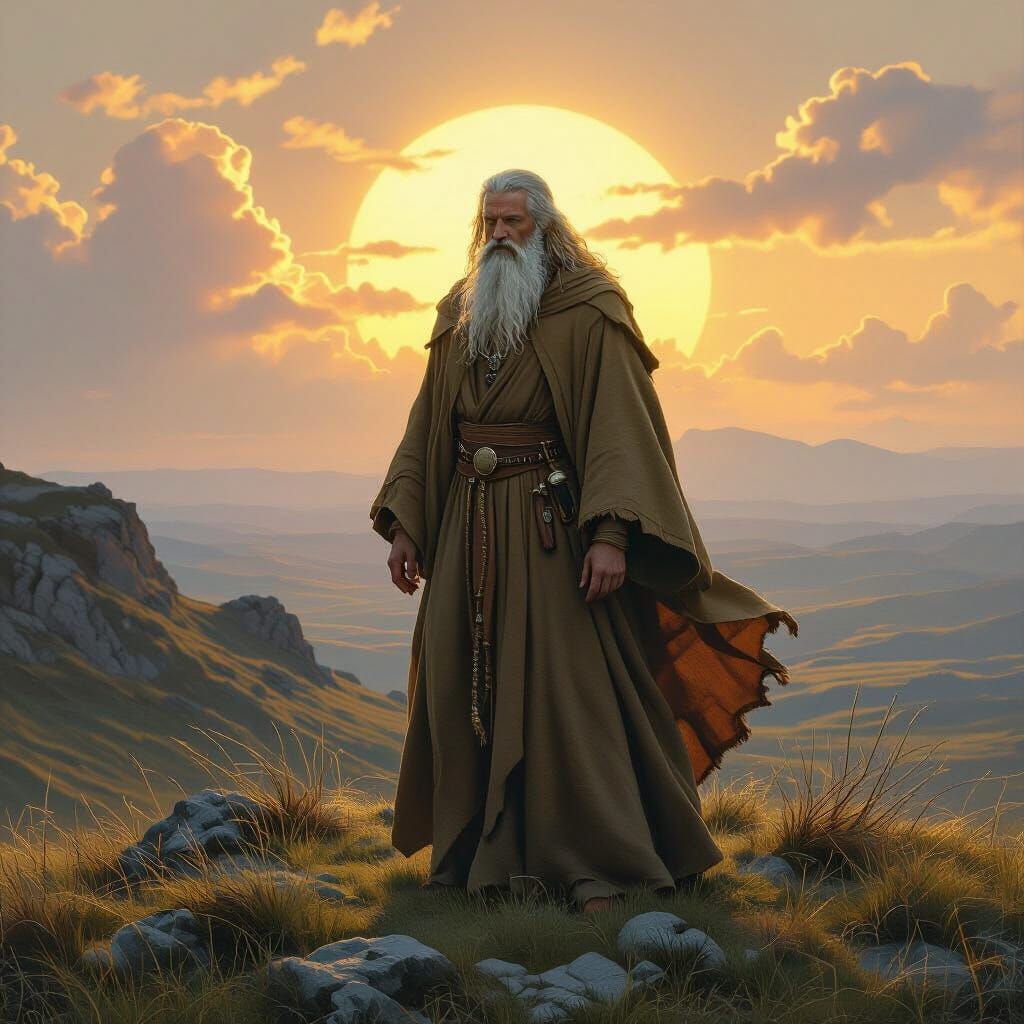 Celtic Druid on Windswept Hills at Sunset