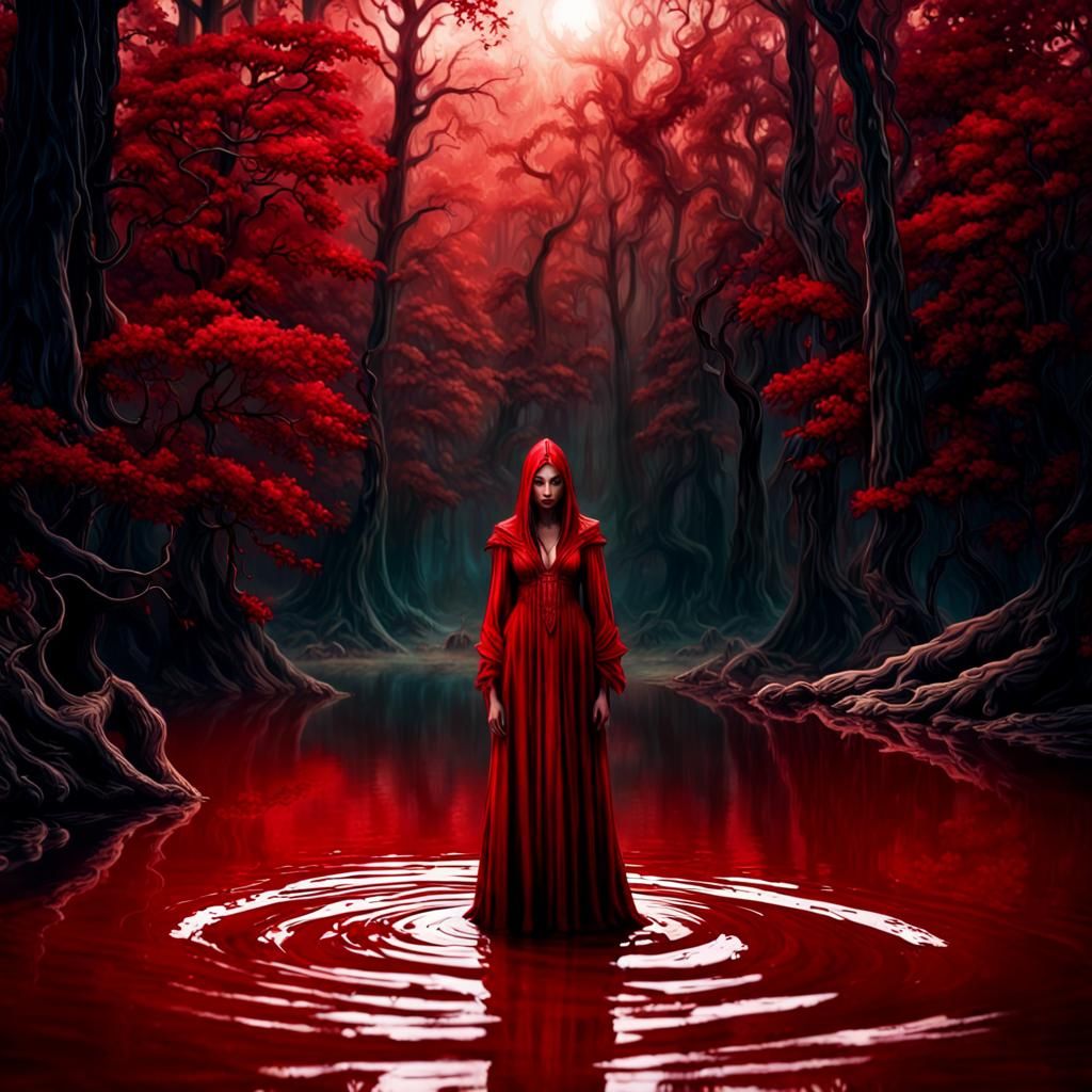 Red Sorceress in Crimson Lake: Dark Fantasy Art