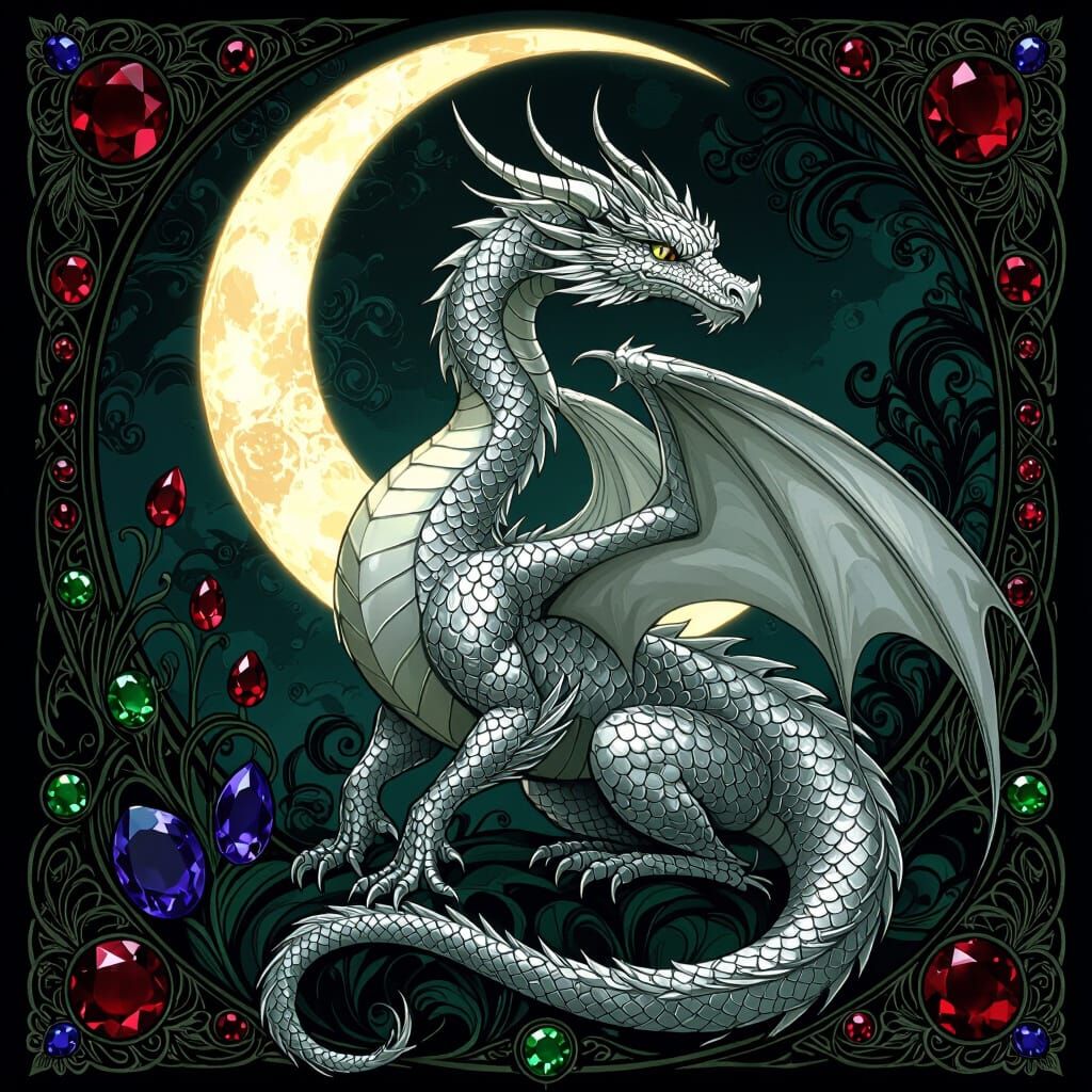 Silver Dragon with Crescent Moon in Art Nouveau Style