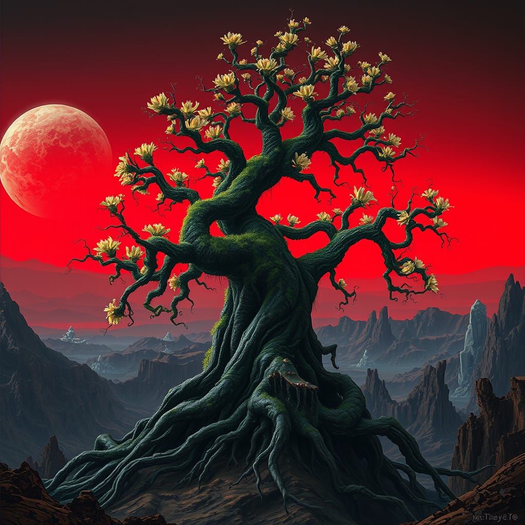 Alien Tree with Crimson Sky in Surreal Style