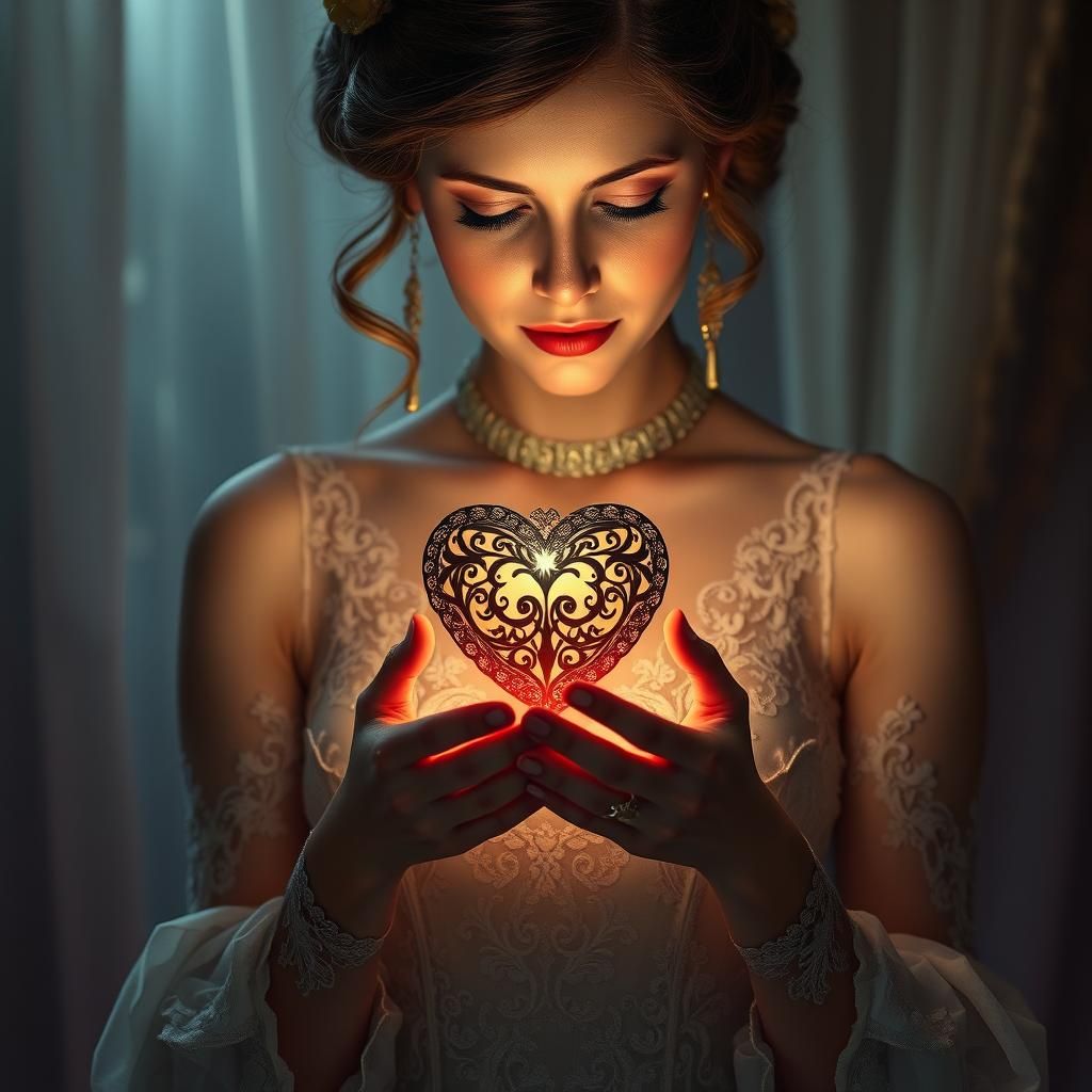 Woman Offers Shining Heart in Art Nouveau Style