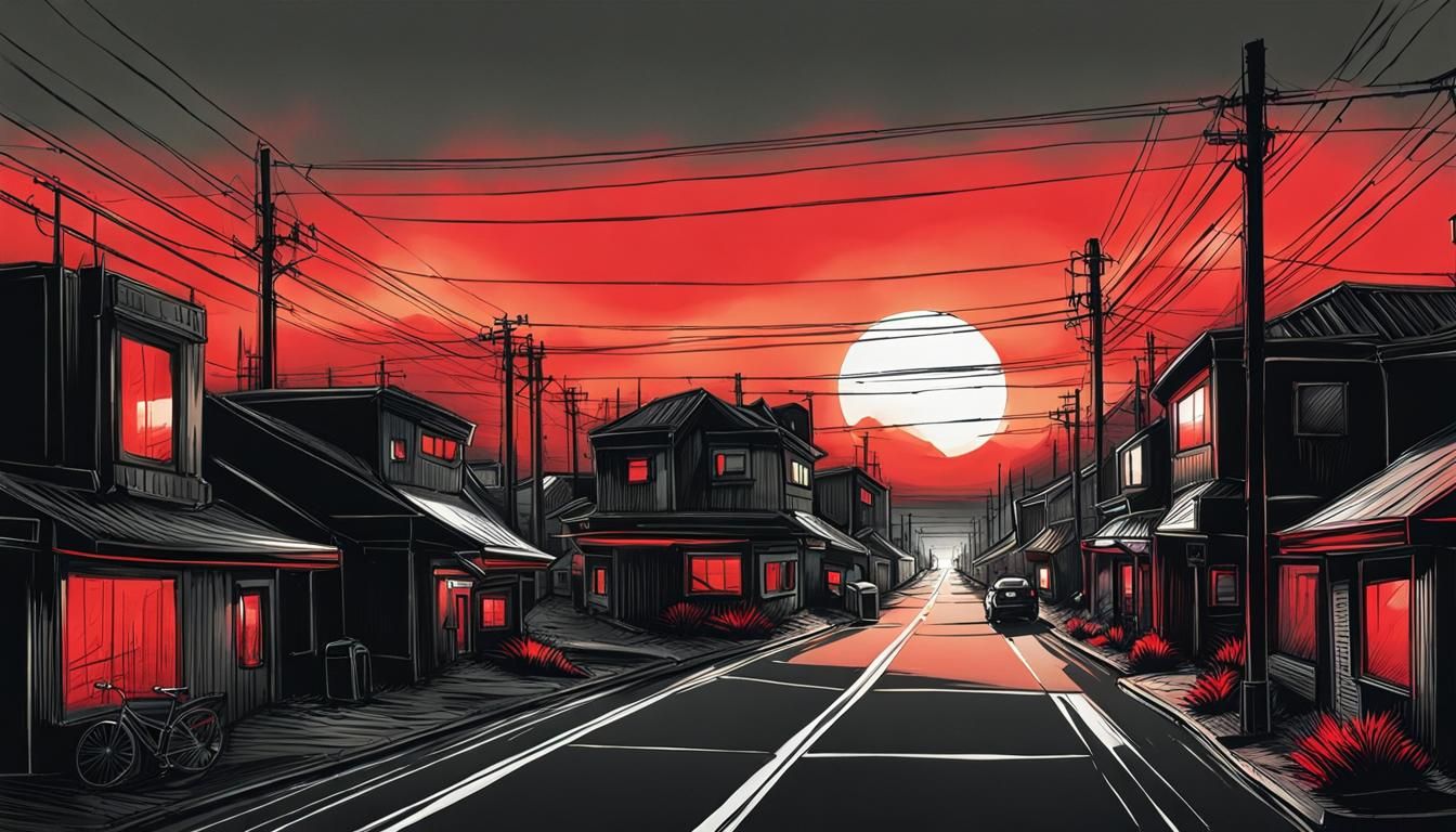 Cyberpunk Town Street at Sunset: Charcoal Sketch