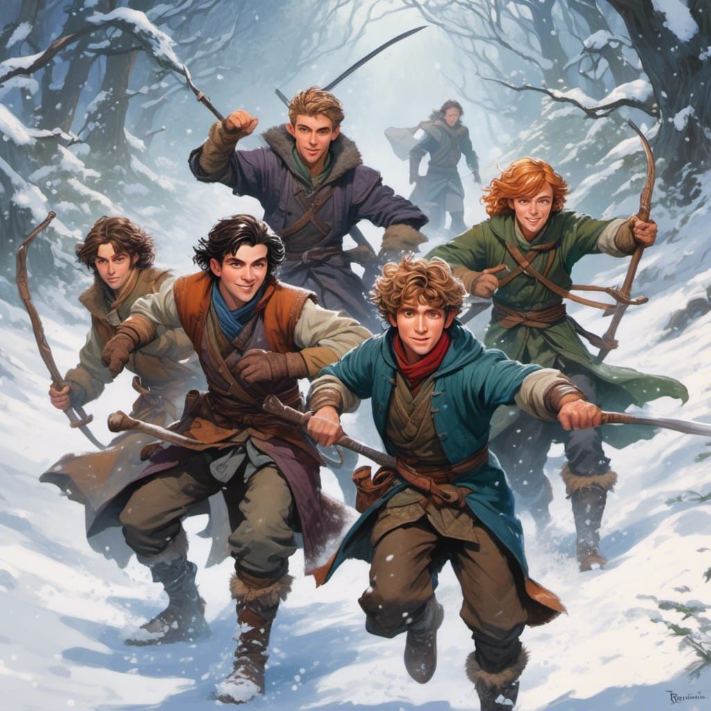 Hobbits Play Joyfully in Winter Snow