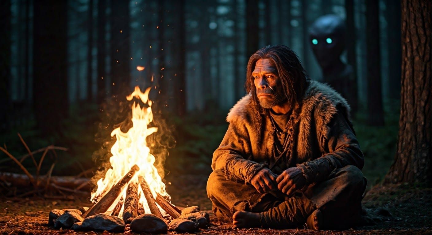 Neanderthal Bonfire with Alien Observer: Cinematic Film Stil...