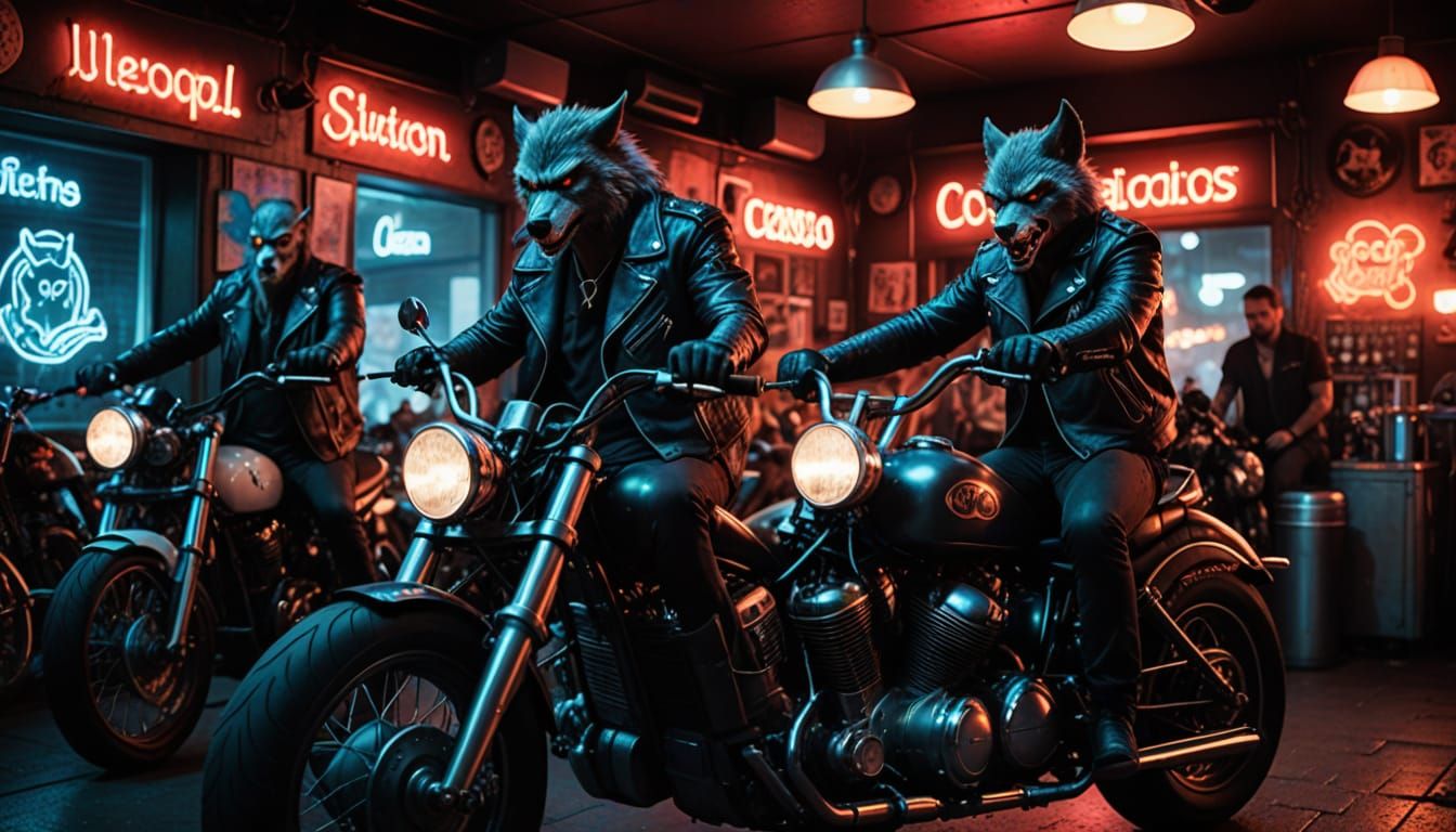Werewolf Bikers in Neon-Lit Biker Bar