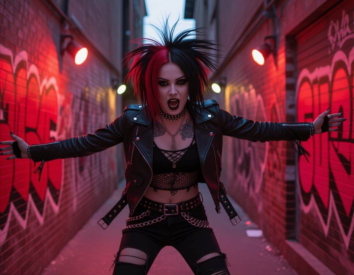 Gothic Woman Jumps into Mosh Pit in Urban Alleyway