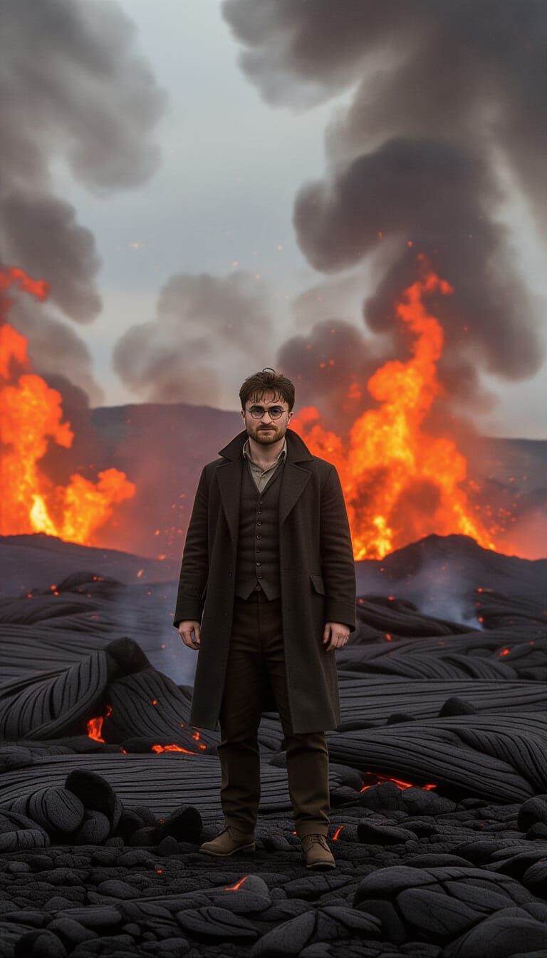 Volcanic Cinematic Still of Man in Danger