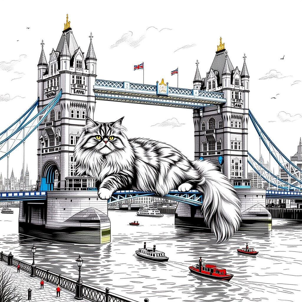 Colossal Cat Lounges on Tower Bridge: Pencil Sketch