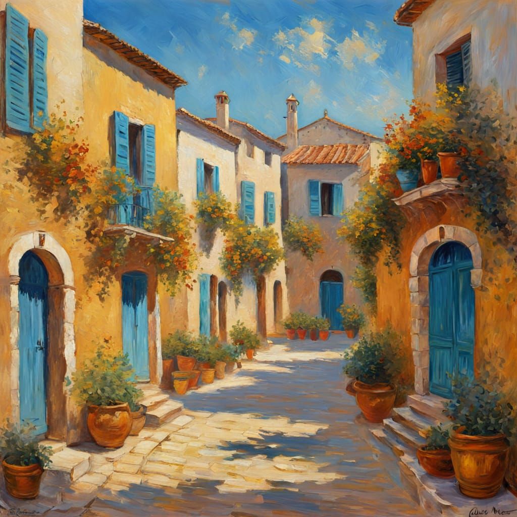 Impressionistic Mediterranean Village in Oil Painting Style