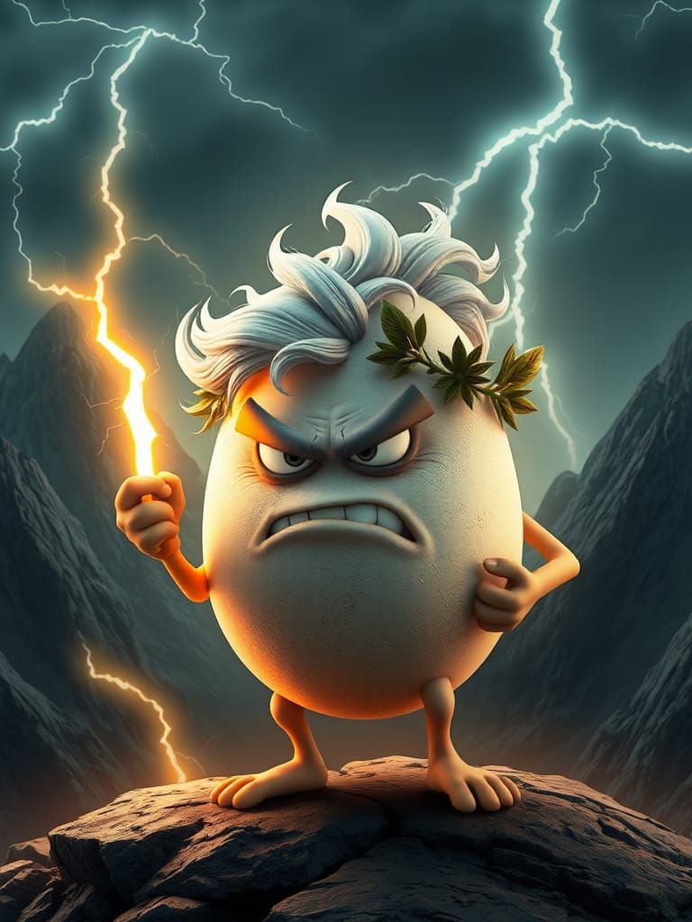 Anthropomorphic Egg Zeus with Lightning Bolt in 3D