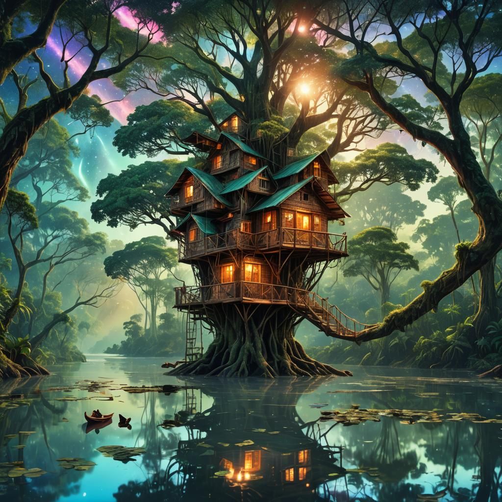 Luminous Treehouse in Amazon Jungle Illustration