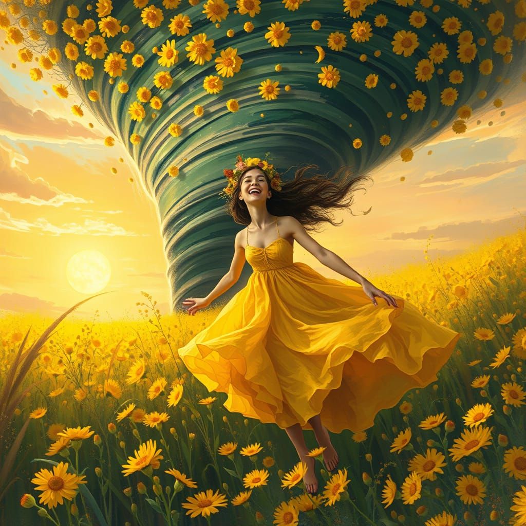 Whimsical Woman Caught in a Vortex of Yellow Wildflowers and...