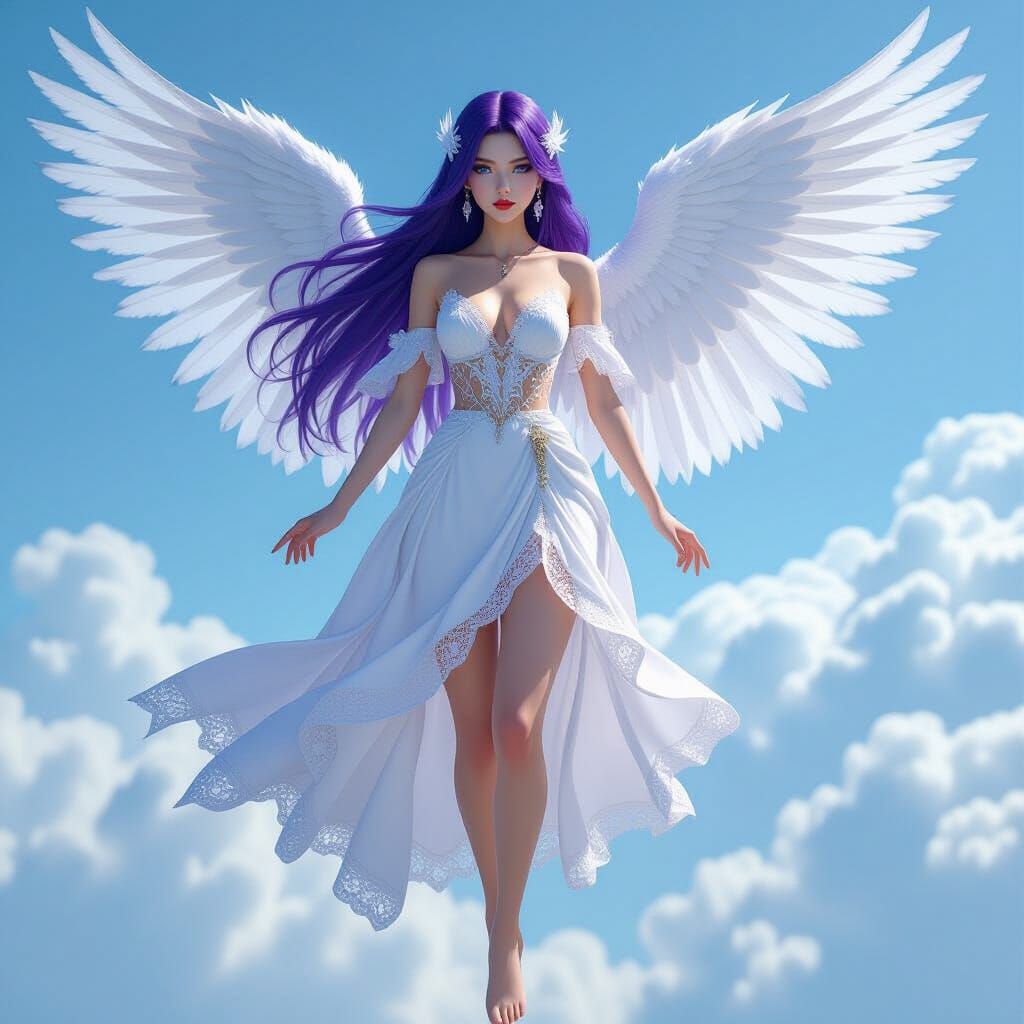 Beautiful Angel with Purple Hair and White Wings in 3D Anime...