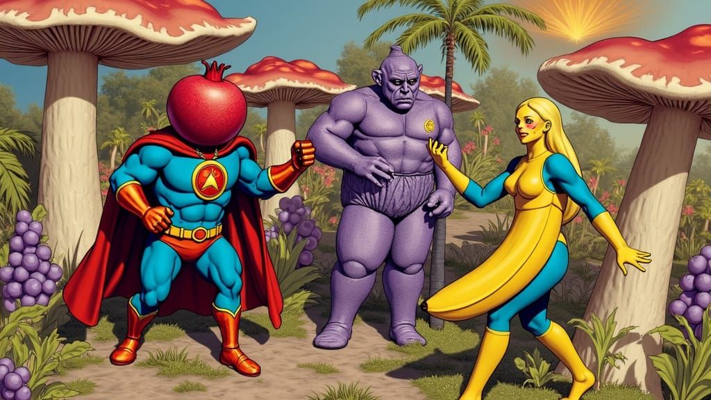 Vibrant Mushroom Garden Heroes Clash in Epic Fantasy Battle